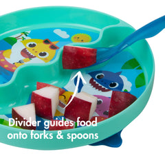 The First Years Pinkfong Baby Shark dishwasher-safe plate simplifies cleanup after meals.