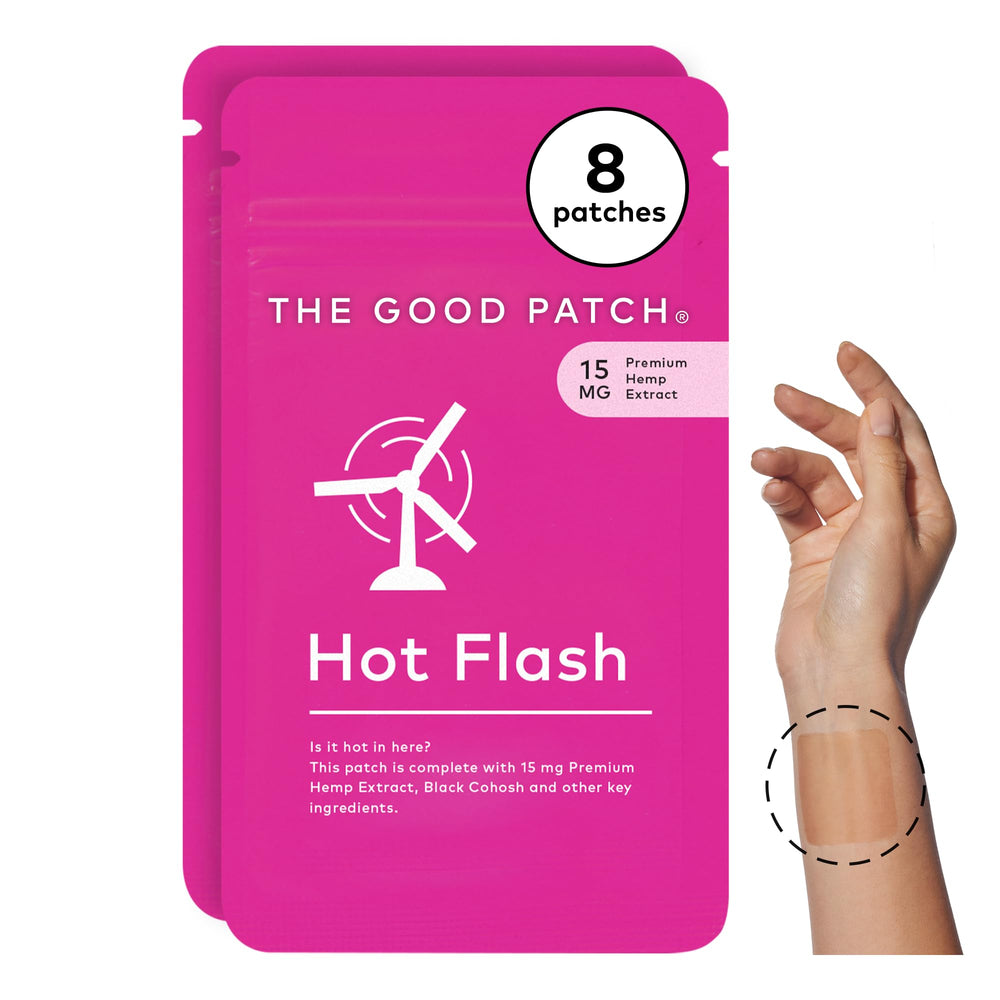 The Good Patch hot flash patch packaging shows discreet, portable design for on the go use