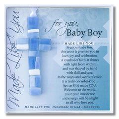 The Grandparent Gift Co. blue mosaic cross welcomes the newborn boy for nursery display.