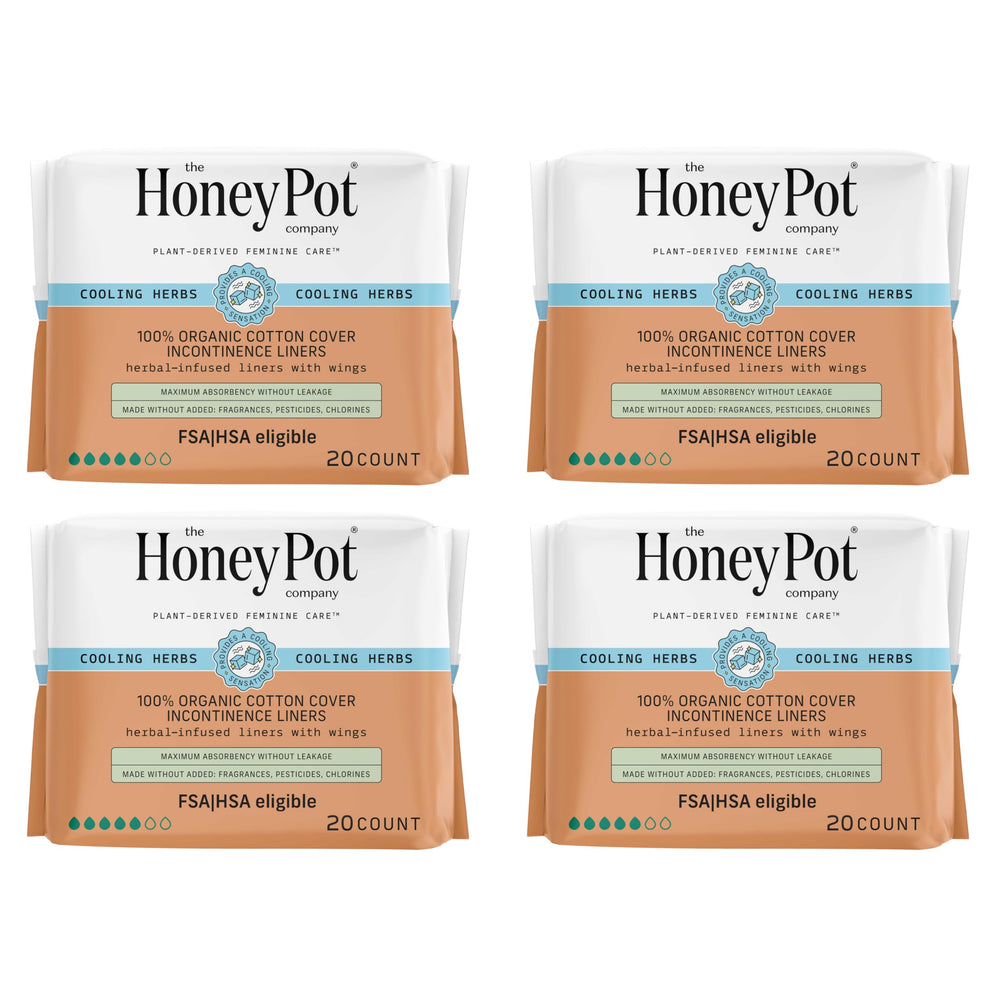 The Honey Pot 80ct herbal panty liners pack for sensitive days and leaks.