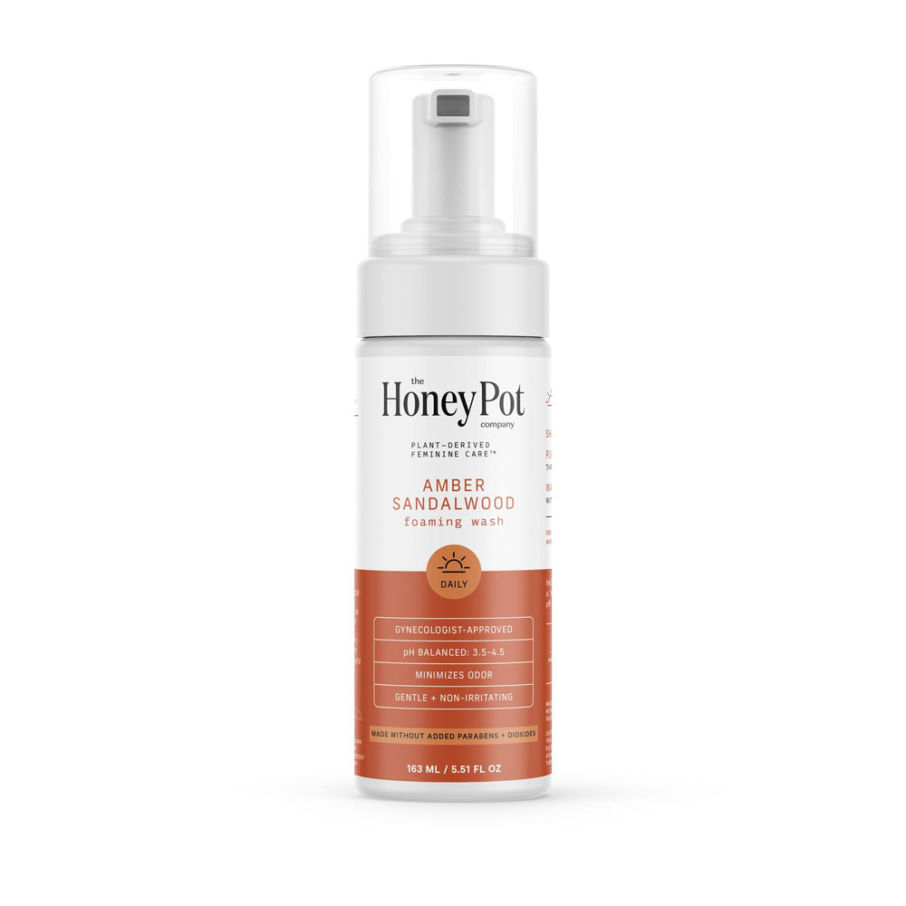 The Honey Pot Amber Sandalwood feminine wash bottle, balanced pH for daily use.
