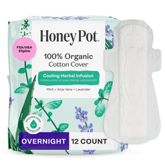 The Honey Pot Herbal Overnight Pads with Wings on breathable cover for comfortable nights