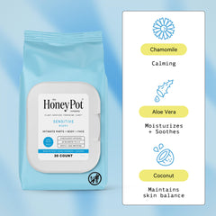 The Honey Pot Sensitive Wipes ingredients close-up highlighting coconut oil moisture.