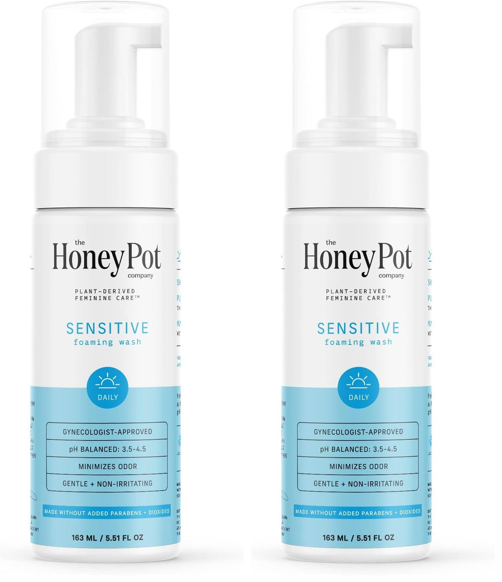 The Honey Pot Sensitive Feminine Wash bottle-front shows daily gentle cleansing with balanced pH.