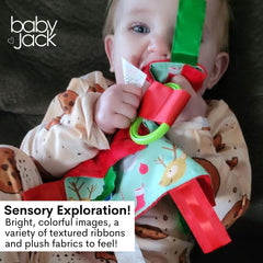 The Learning Lovey safety tabs prevent loose ribbons during playtime