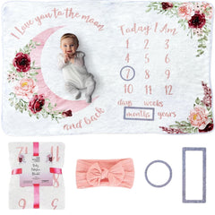 The Modern Child milestone blanket with floral moon on plush fleece, ideal for photos.