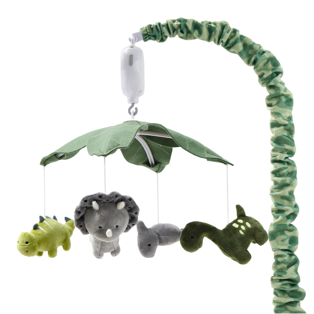 The Peanutshell crib mobile dinos grey camouflage spinning softly for baby soothing.