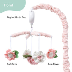 The Peanutshell pink-floral mobile adds calming music for nap time.