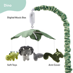 The Peanutshell crib mobile rotates with playful dinosaurs to capture infant attention.