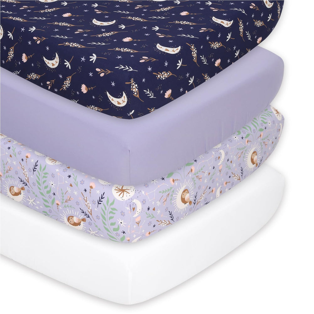 The Peanutshell Lunar Love crib sheets 4-pack for a soft, comforting baby girl's nursery.