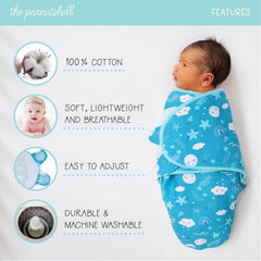 The Peanutshell Twinkle Twinkle swaddle with aqua white stars for gentle swaddling.