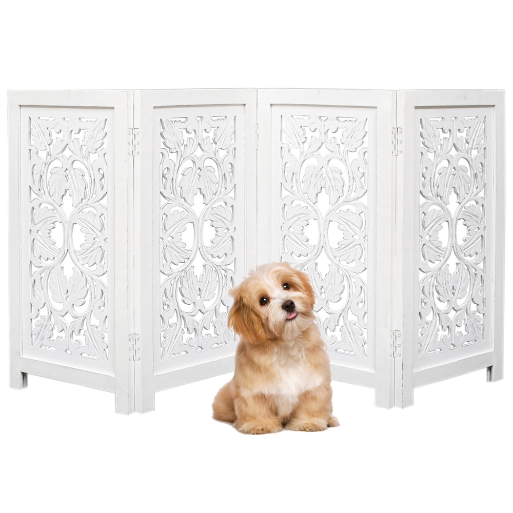 The Wooden Town free-standing dog gate, 4-panel foldable in white, ideal for doorway containment.