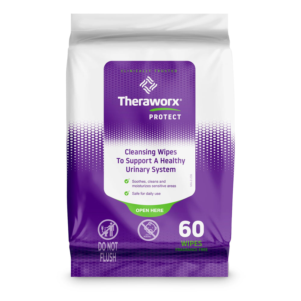 Theraworx Protect cleansing wipes for urinary health, gentle daily use.