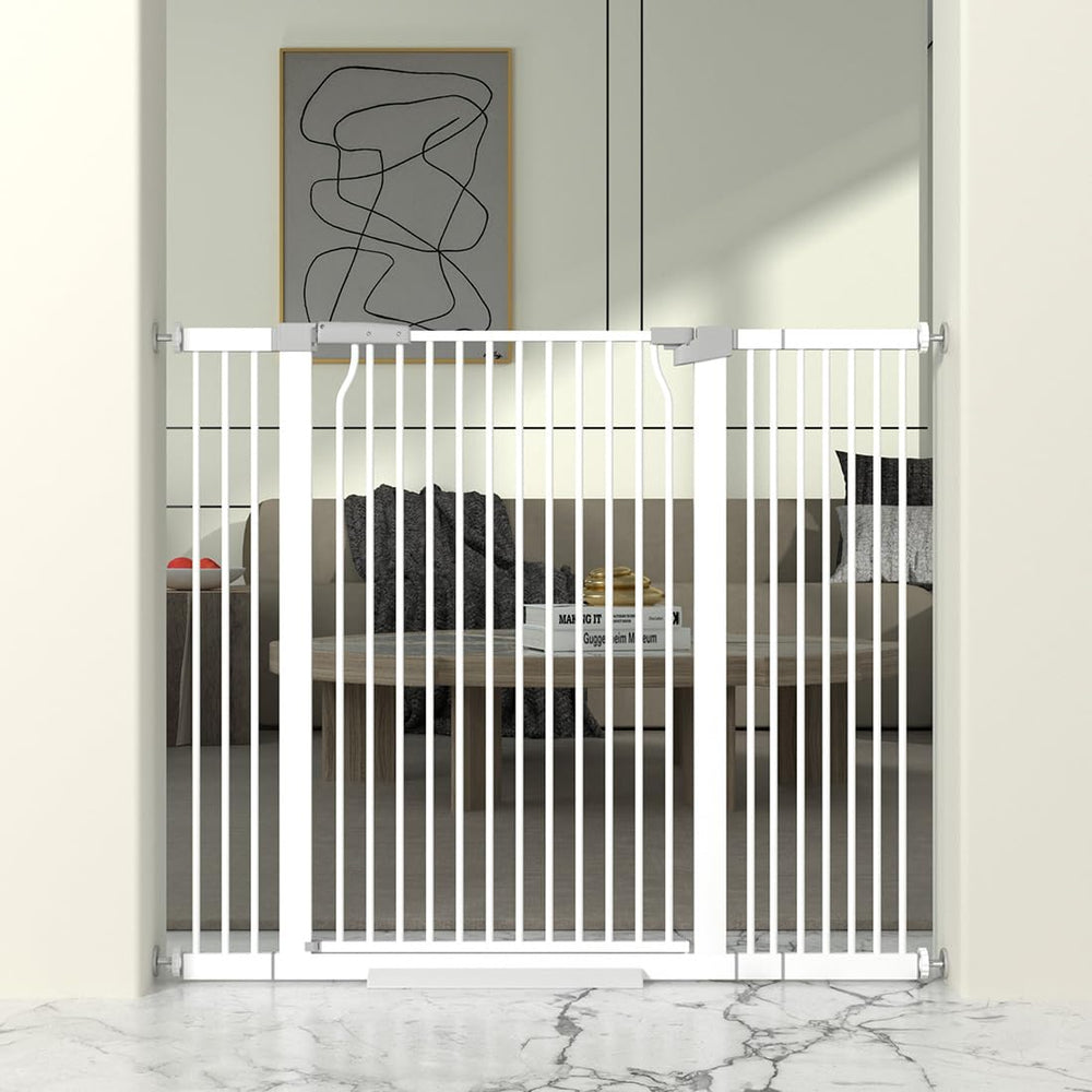 THEYFIRST 41-inch cat gate in doorway prevents jumping and keeps pets safe.
