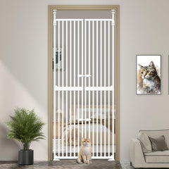 THEYFIRST 71in extra tall cat gate in doorway provides a tall, pet-safe barrier.