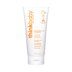 Thinkbaby SPF 50+ bottle front showing compact mineral sunscreen for babies.