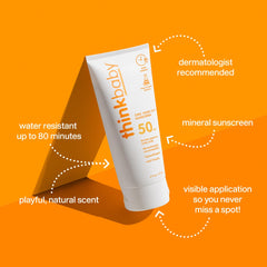 Thinkbaby SPF 50+ pump dispensing for easy application on an active child.