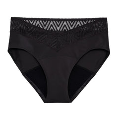 THINX Comfort Stretch Hip Huggers in black lace offer all-day protection and style.