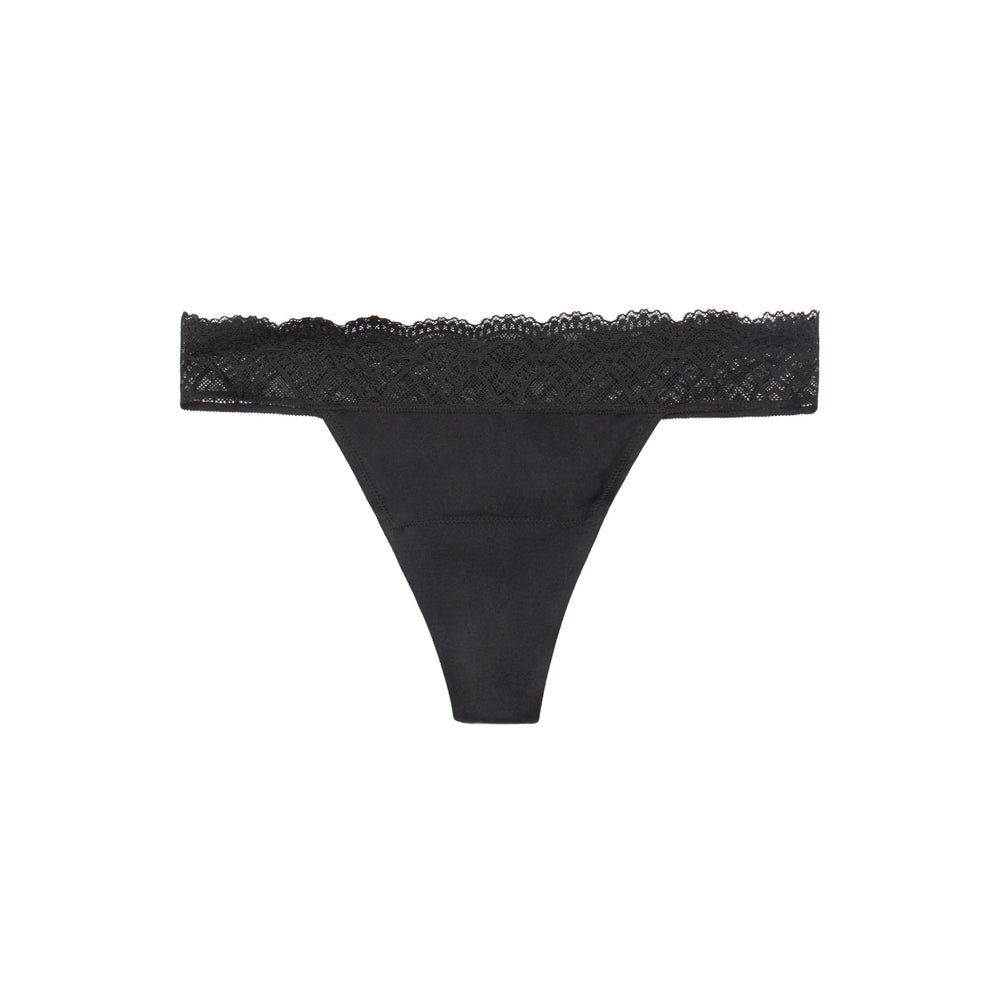 Thinx For All Leaks thong underwear in black, close-up of fabric and secure fit.