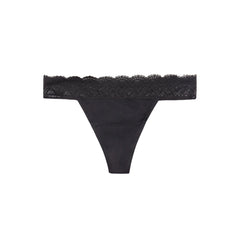 Thinx For All Leaks thong underwear in black, close-up of fabric and secure fit.