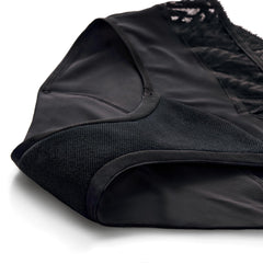 Thinx leakproof barrier visible on black underwear indicating all-day protection.