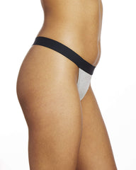 Thinx thong period underwear in grey emphasizing odor control for all-day freshness.