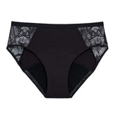 THINX Ultra-Soft brief with lace in black pack-shot showing all-day protection