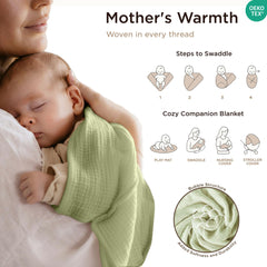 Threadmill Muslin Baby Blanket swaddled newborn demonstrates snug wrap potential.
