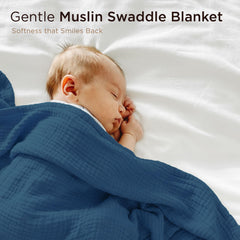 Threadmill Muslin Blanket 4-layer design supports secure newborn swaddling.