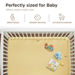 Threadmill Muslin Blanket neutral beige tone fits any nursery while doubling as a stroller shade.
