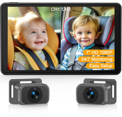 Thybro baby car camera with 7-inch display for dual-view monitoring.