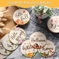 Tiamon monthly milestones with watercolor patterns, bright colors enhance baby shower décor.
