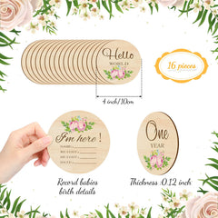 Tiamon wooden milestone discs with floral patterns, perfect for baby photos and keepsake albums.