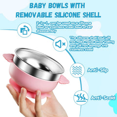 Tikmos bowls show durable stainless steel and BPA-free sleeve for safe feeding