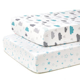 TILLYOU baby crib sheets in blue clouds and stars, front view, cozy nursery pattern