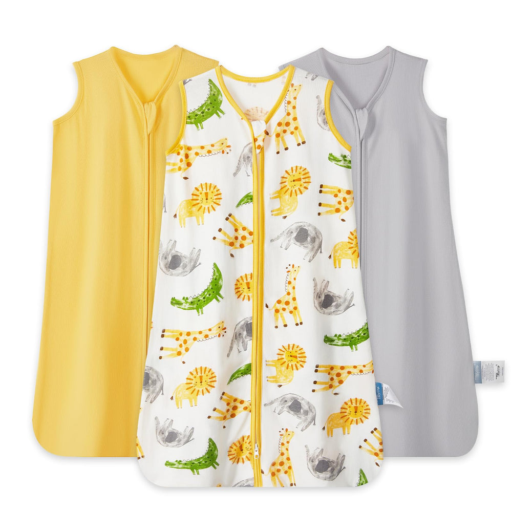 TILLYOU baby sleep sack three-pack pack shot shows breathable cotton for summer nights.