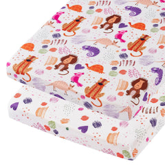 TILLYOU mini crib sheets fitted with animal graffiti print for a secure fit.