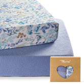 TILLYOU muslin crib sheet with blue flower pack, soft cotton for gentle sleep.