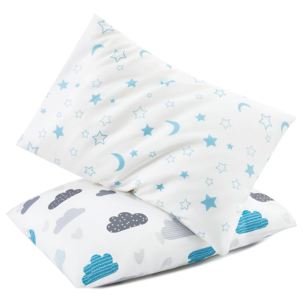 TILLYOU toddler pillowcase in blue clouds with envelope closure keeps pillows tidy and cozy.