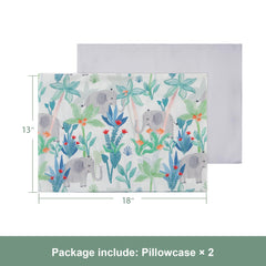 TILLYOU Rainforest Elephant pillowcase on bed with playful pattern