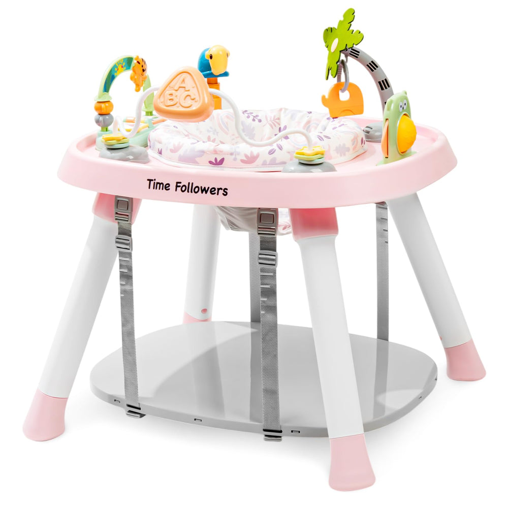 Time Followers 6-in-1 Baby Activity Center pink front view promotes curious play and early motor skills