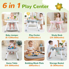 Time Followers 6-in-1 Baby Activity Center pink side view shows compact footprint for small spaces