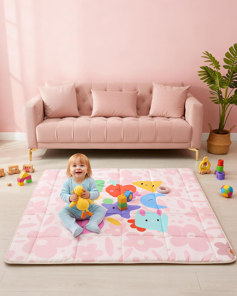 Tiny Marvels pink floral play mat folded for quick storage and transport.