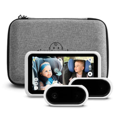 Tiny Traveler dual-camera view monitors twins in the back seat for attentive supervision.