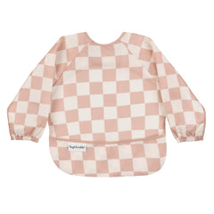 Tiny Twinkle long-sleeve bib in checkers brown, front view, helps keep baby clean during meals.
