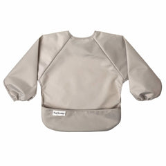 Tiny Twinkle long sleeve bib grey indigo elastic cuffs keep sleeves clean.