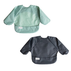 Tiny Twinkle long sleeve bib in sage charcoal protects clothing during feeding.