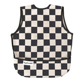 Tiny Twinkle mess-proof bib in black checkers protects clothing during meals.