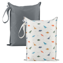 Tiny Twinkle Mess Proof Wet Bag with dinosaur print stores baby clothes on the go.