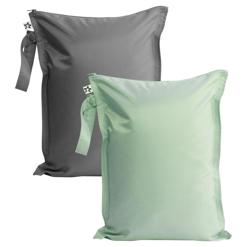 Tiny Twinkle Mess Proof Wet Bag opened to show organized storage for wet and dry items
